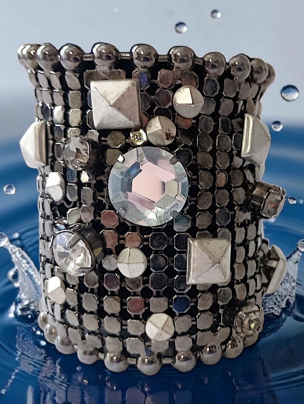 Jimmy Choo x H&M Bijou Bracelet Rhinestone Silver Tone Mesh Cuff Stud Chunky